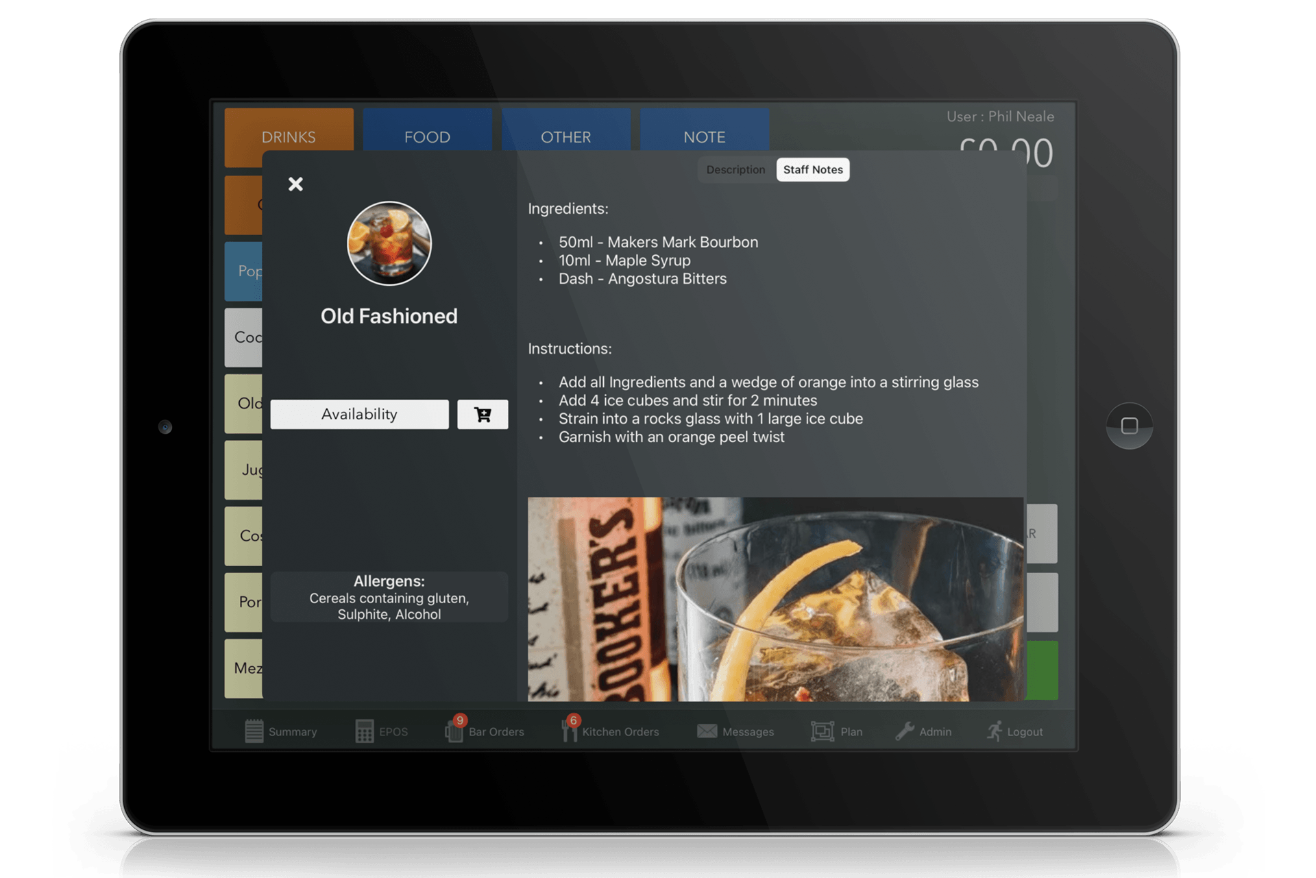 Bar EPOS with staff notes