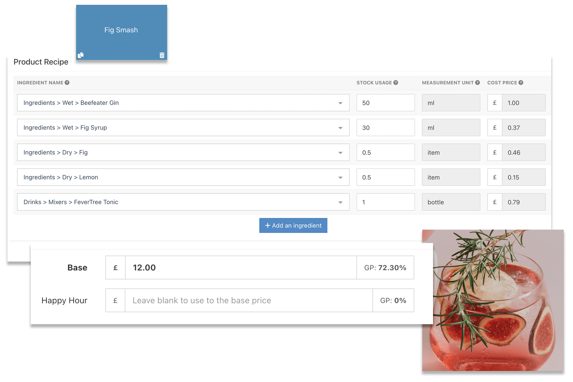 EPOS cocktail recipe and GP calculation