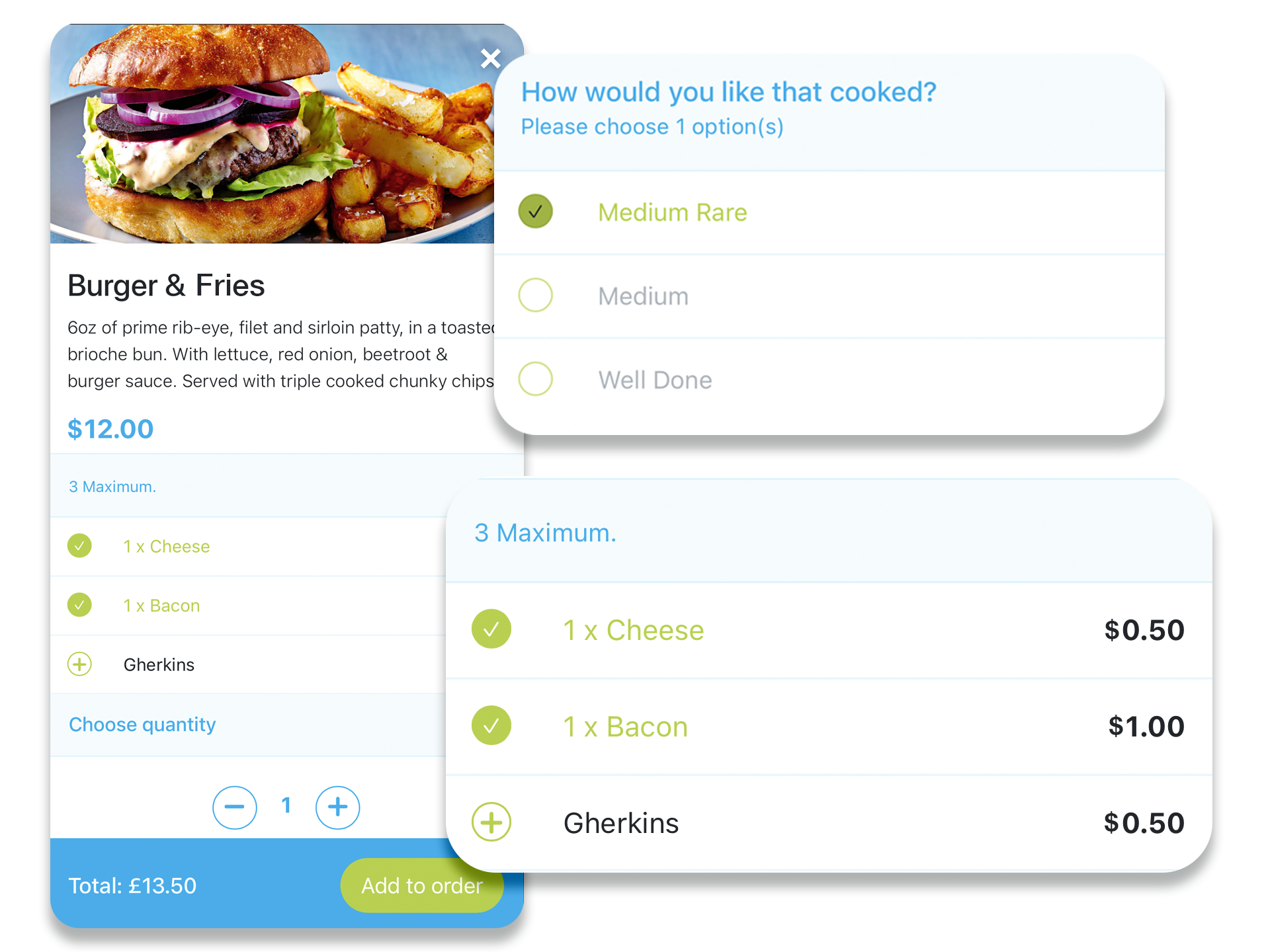 Mobile ordering app, burger & chips product & upsell options