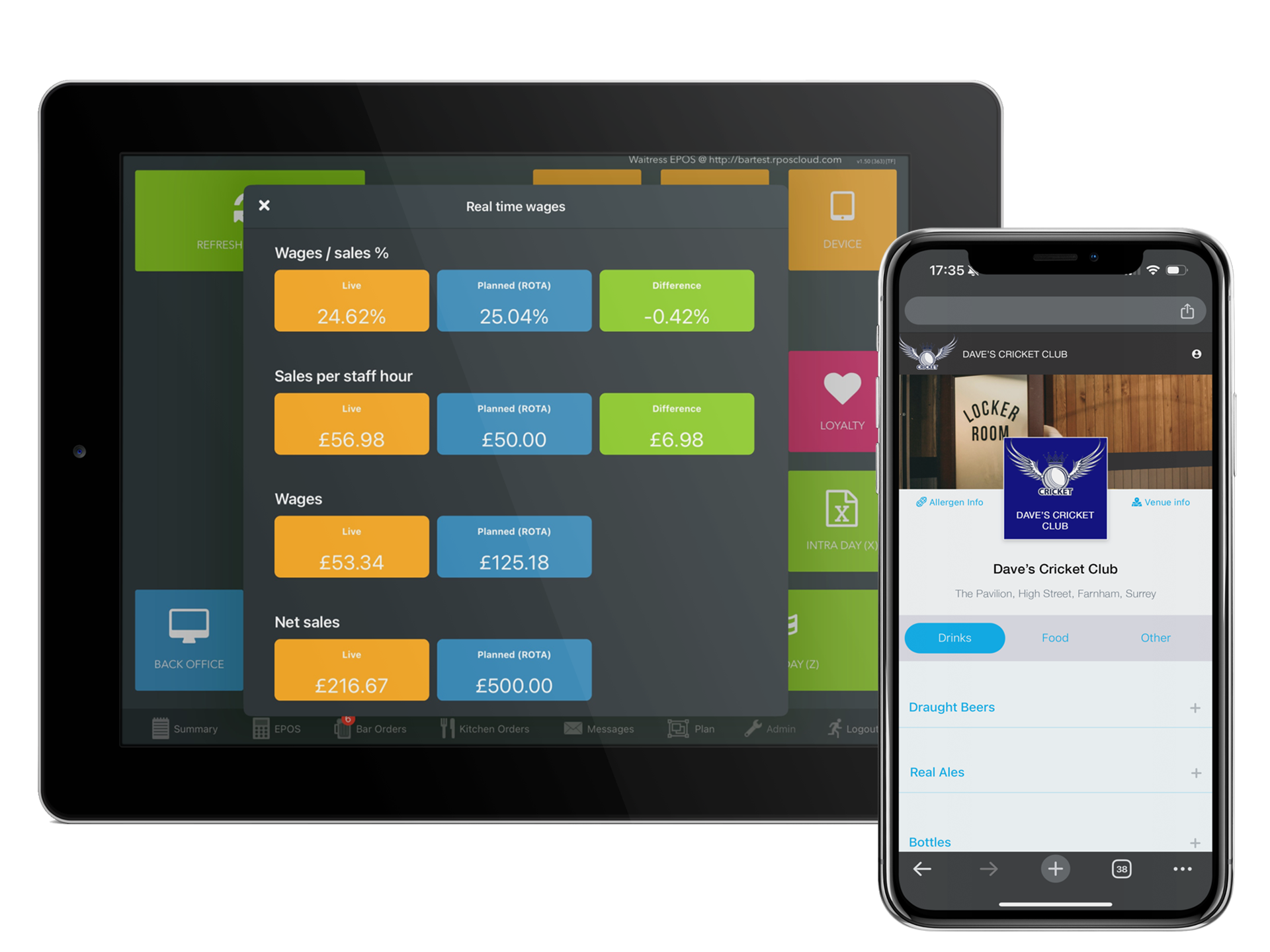 Real-time staff wage % shown on EPOS, and mobile ordering screen on iPhone