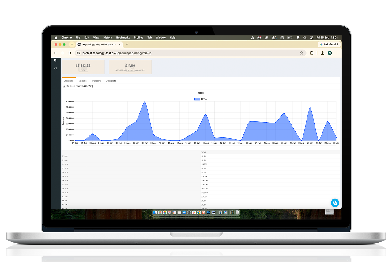 Laptop displaying the Sales Graph; a blue line chart on a white analytics screen