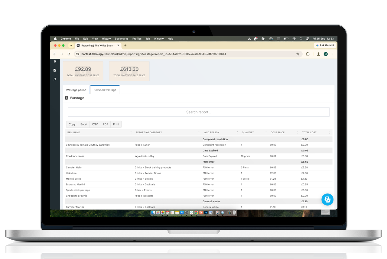 EPOS wastage report: Laptop displaying a web-based data table dashboard with filters and a blue help button