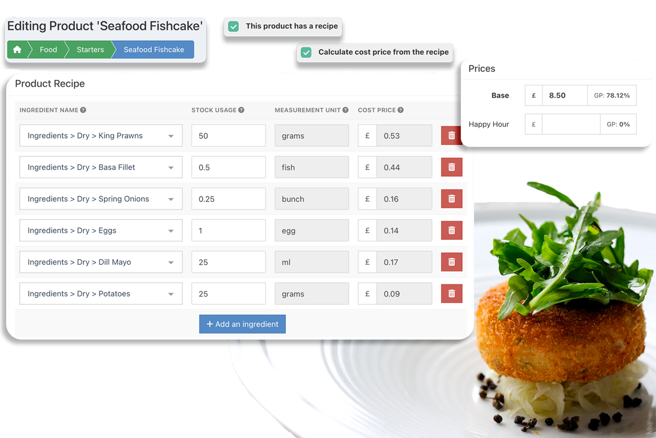 Back office stock recipe set up for fishcake