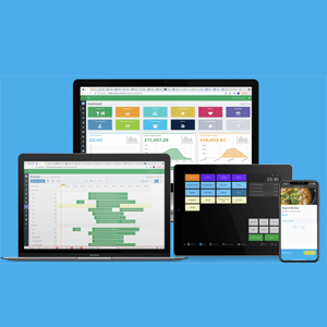 Multiple devices displaying software dashboards on a blue background