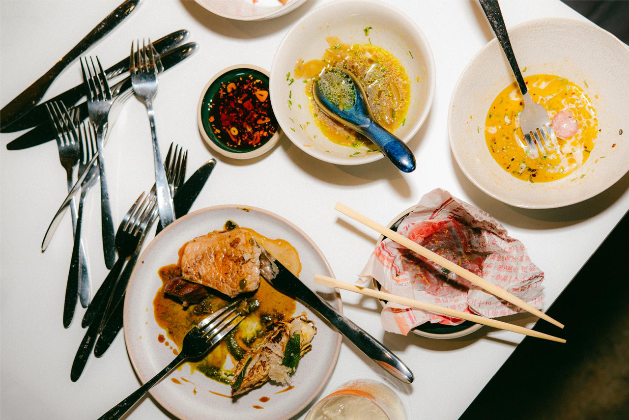 a split image: on the left there are two plates of Japanese food, on the right are stem glasses containing pink cocktails