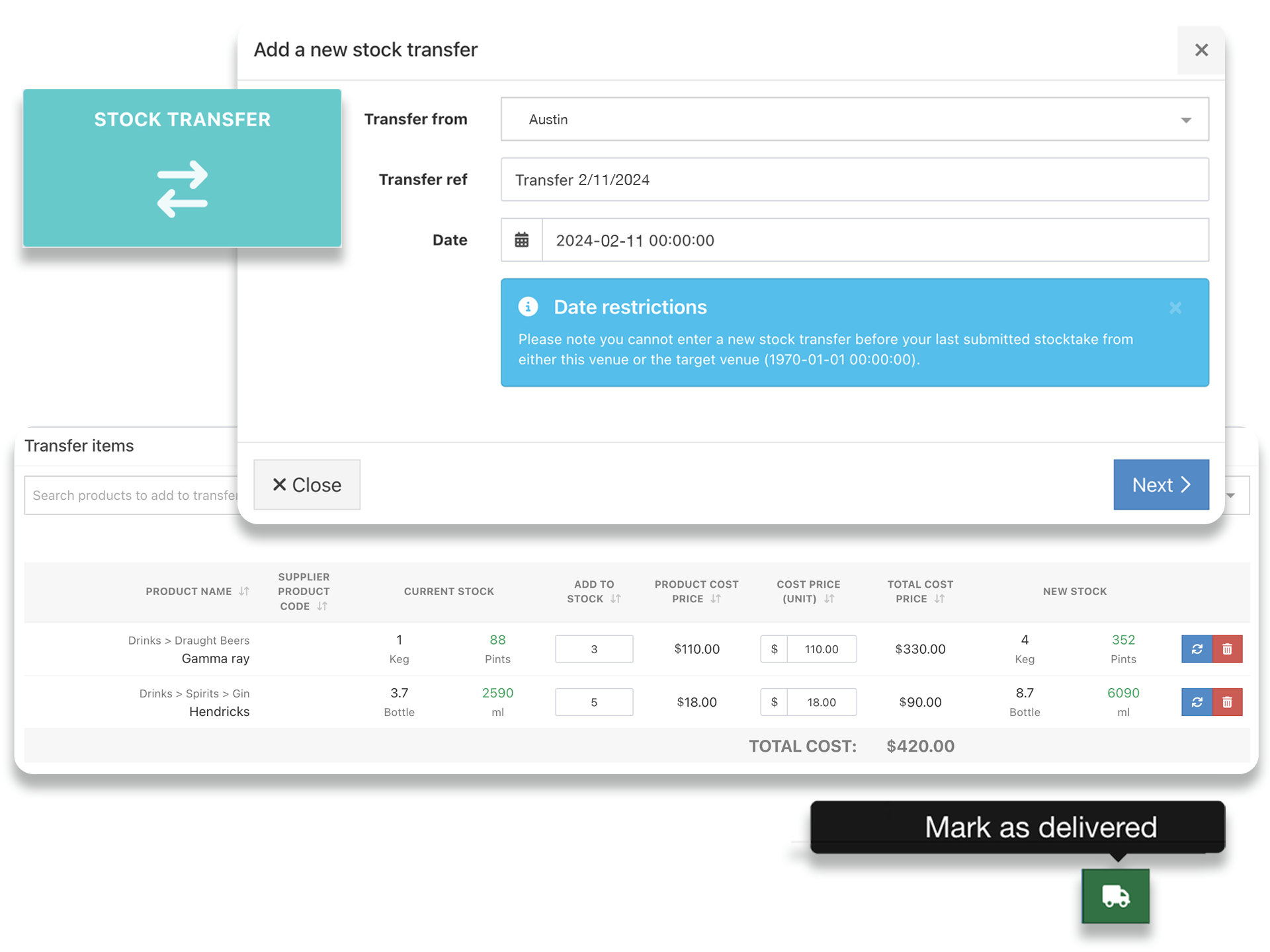 Inventory transfer requests on POS back office