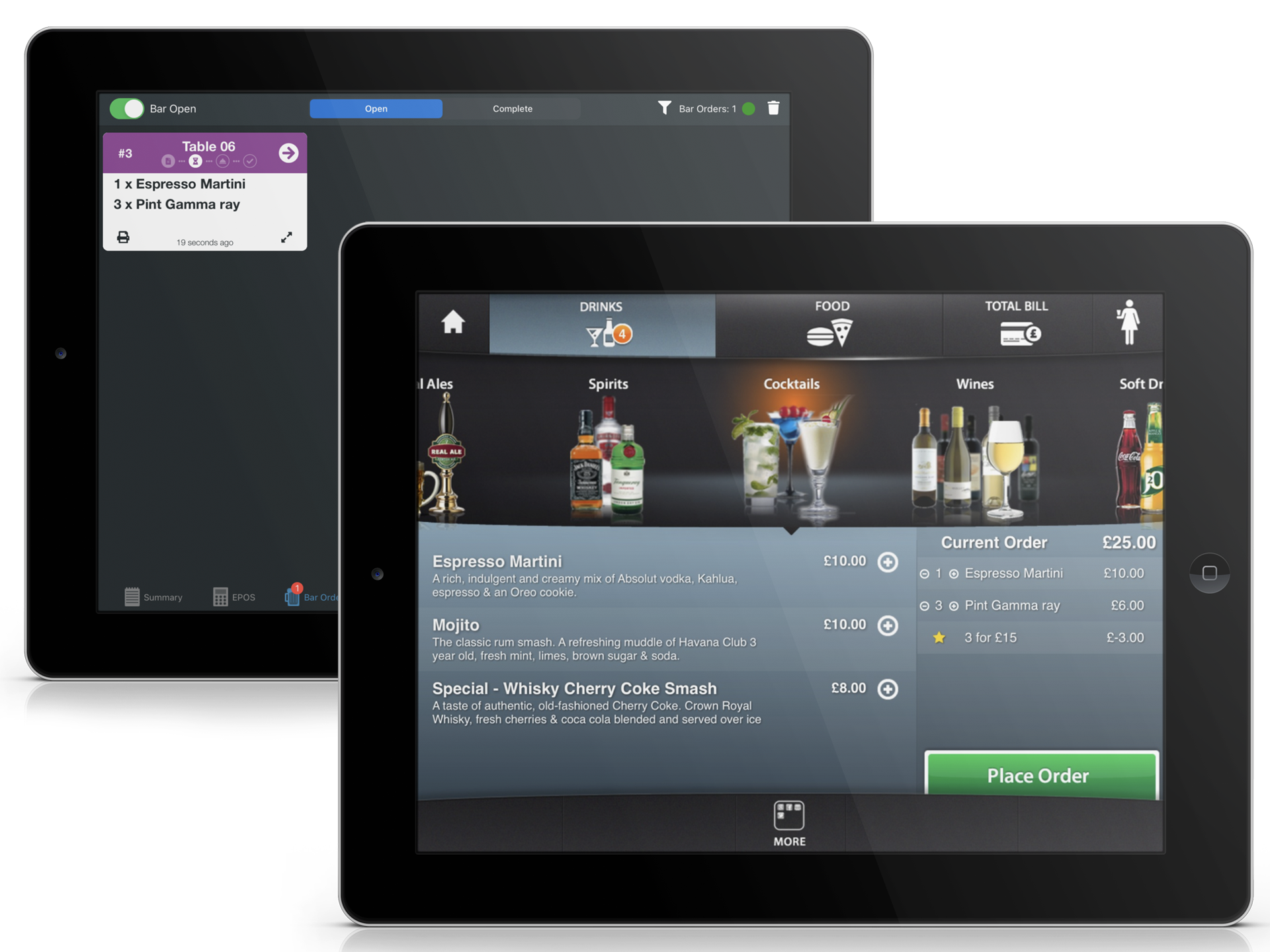 iPad Menu order, showing on bar screen
