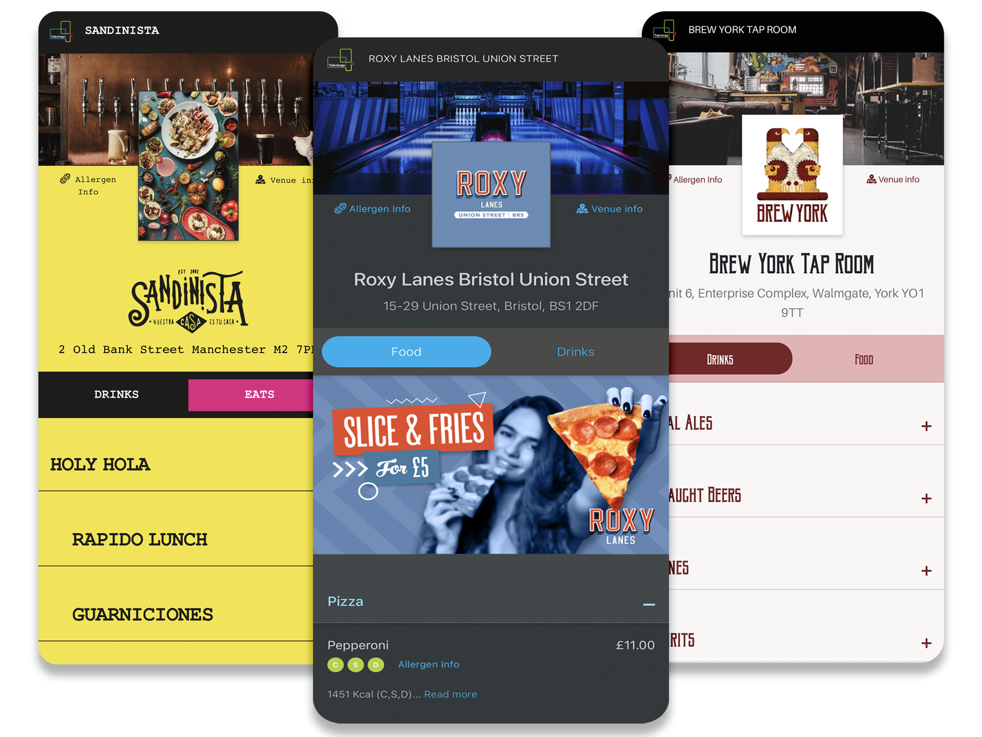 Three mobile app screens showcasing venue listings, including restaurants and bars.