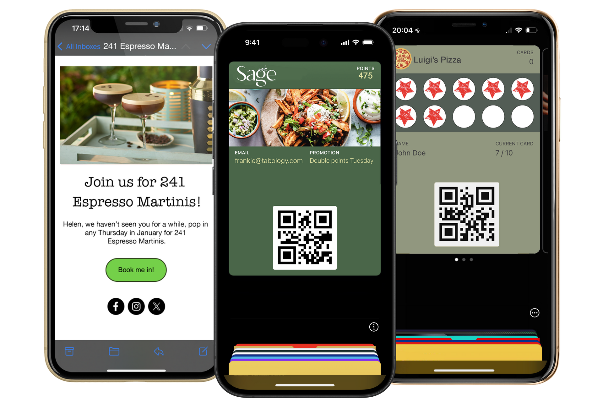 Restaurant digital member pass, email offer & digital stamp card, all shown in iPhones