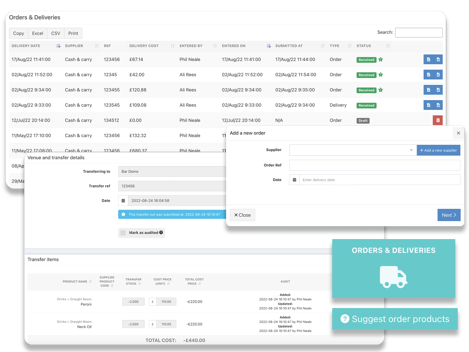 Orders & deliveries reports and management