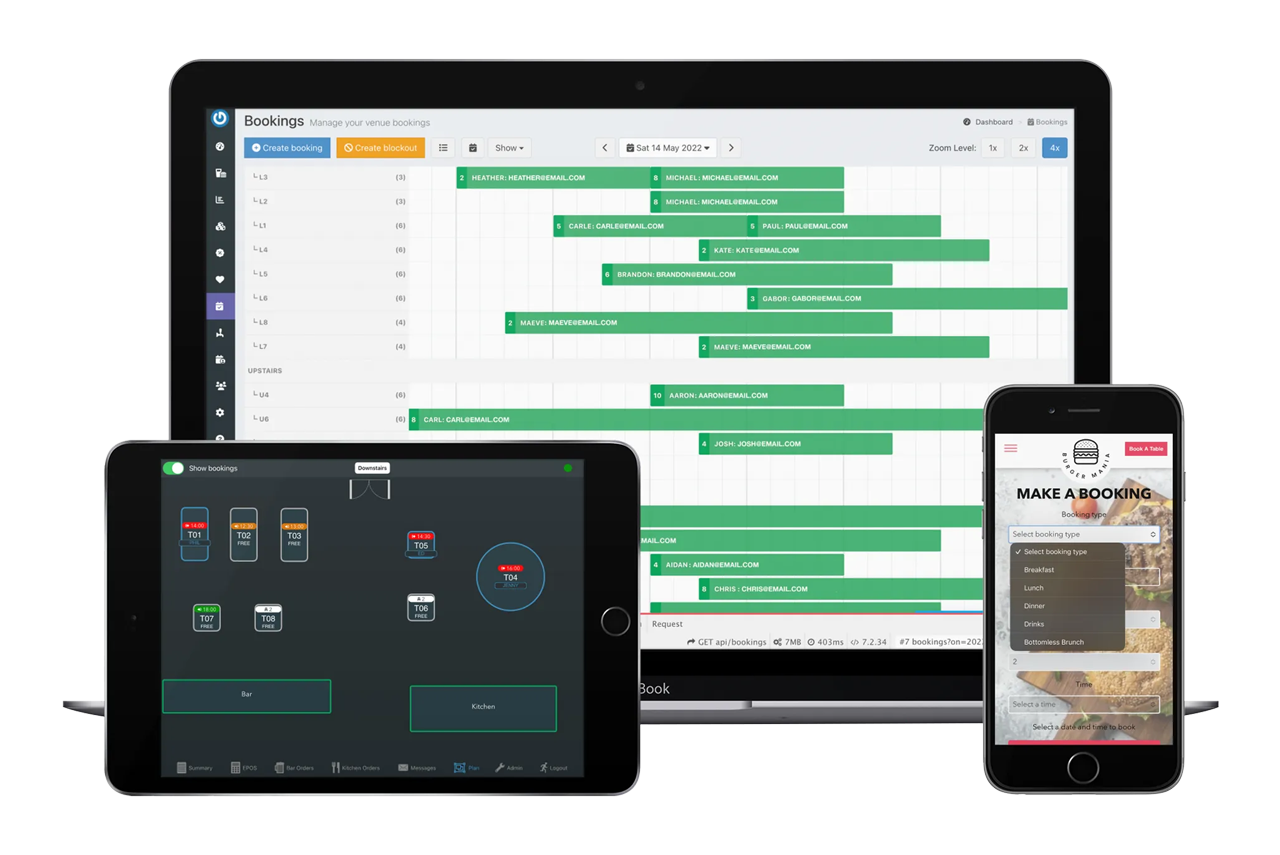 Laptop, tablet, and smartphone showing a scheduling app with green timeline bars.