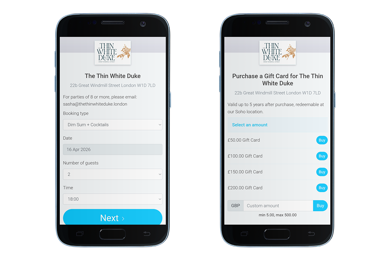 Side-by-side phone app screens showing a booking form on the left and gift card purchase screen with blue buttons on the right