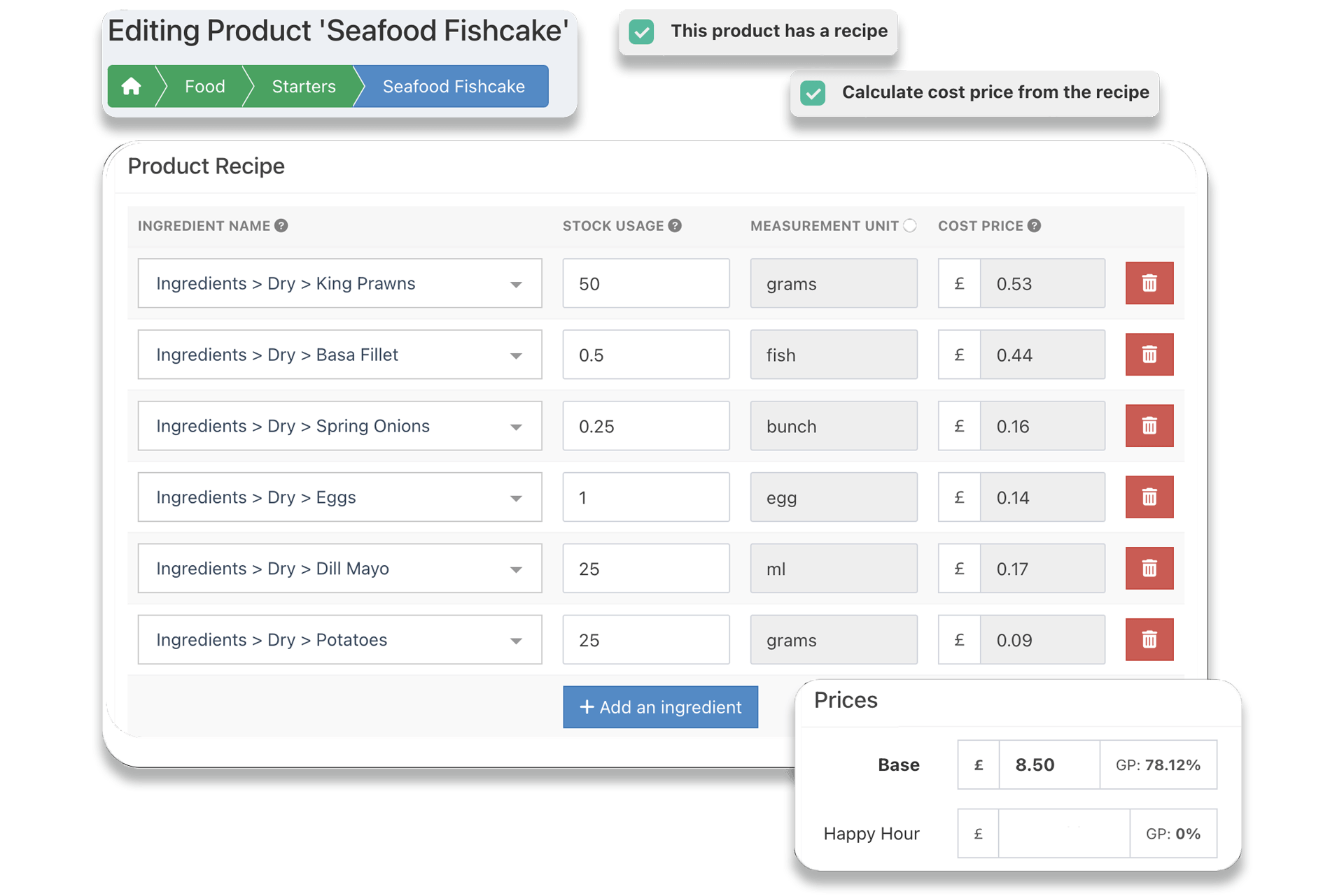 EPOS product recipe set up, calculating GP