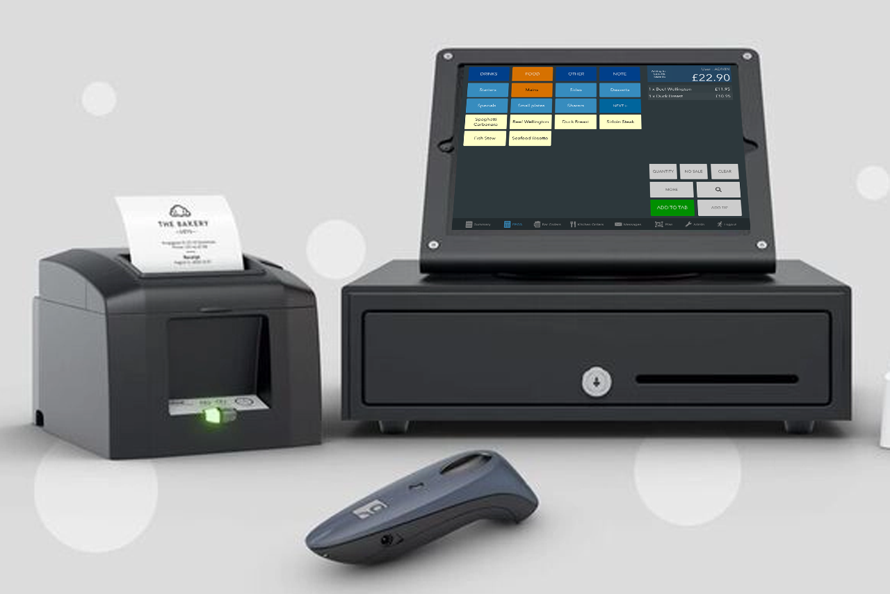 Receipt printer, POS touchscreen, cash drawer, and barcode scanner