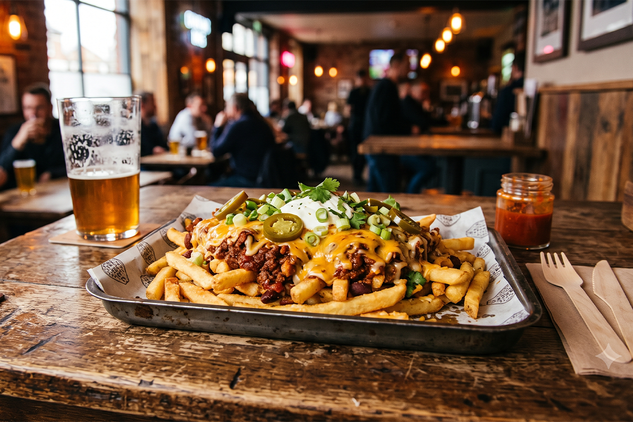 Loaded fries on a tray in a dimly lit restaurant, with a beer and condiments on a wooden table