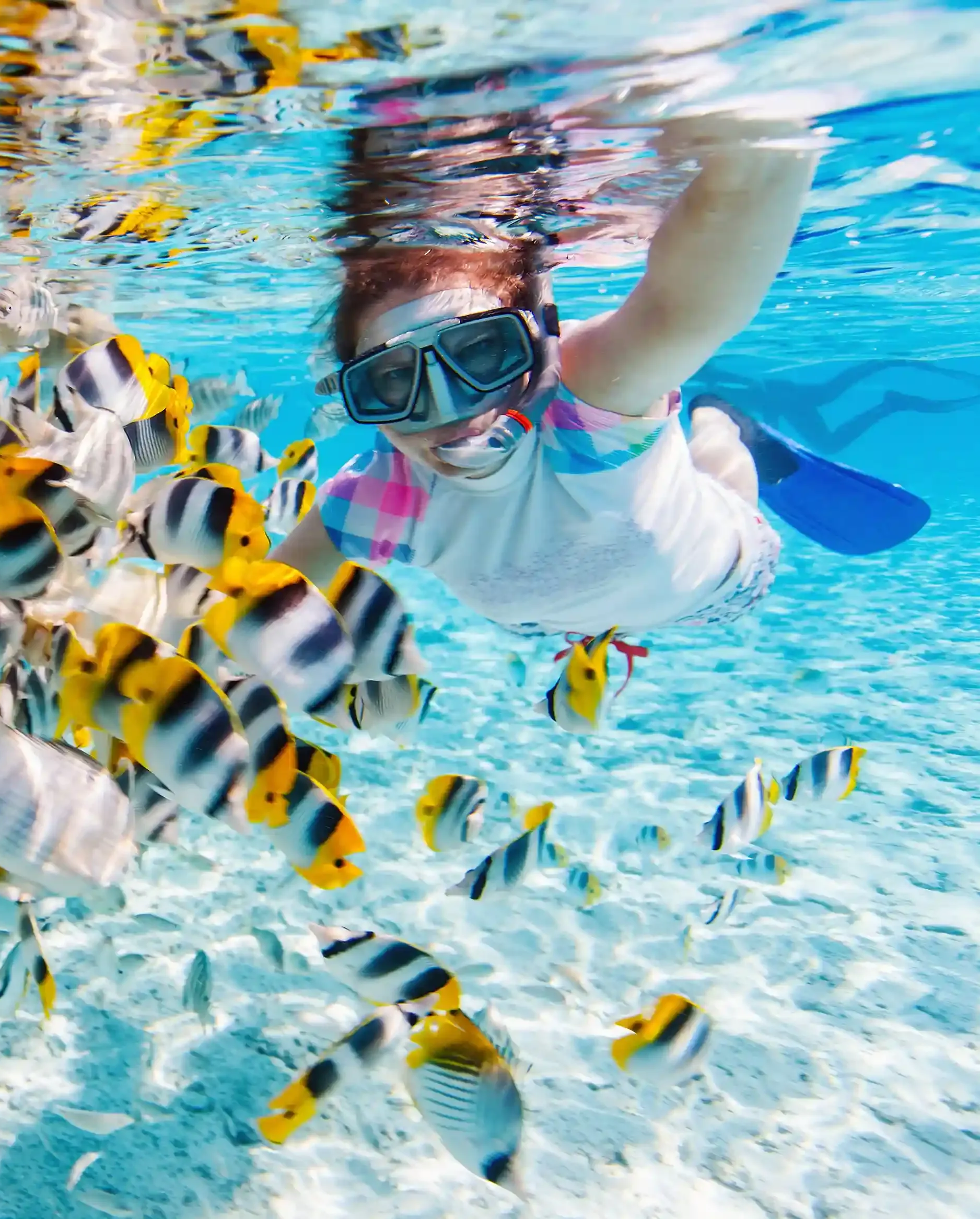 Persona practicando snorkel entre peces en el mar de San Andrés, actividad para disfrutar cerca de Aqualina Inn.