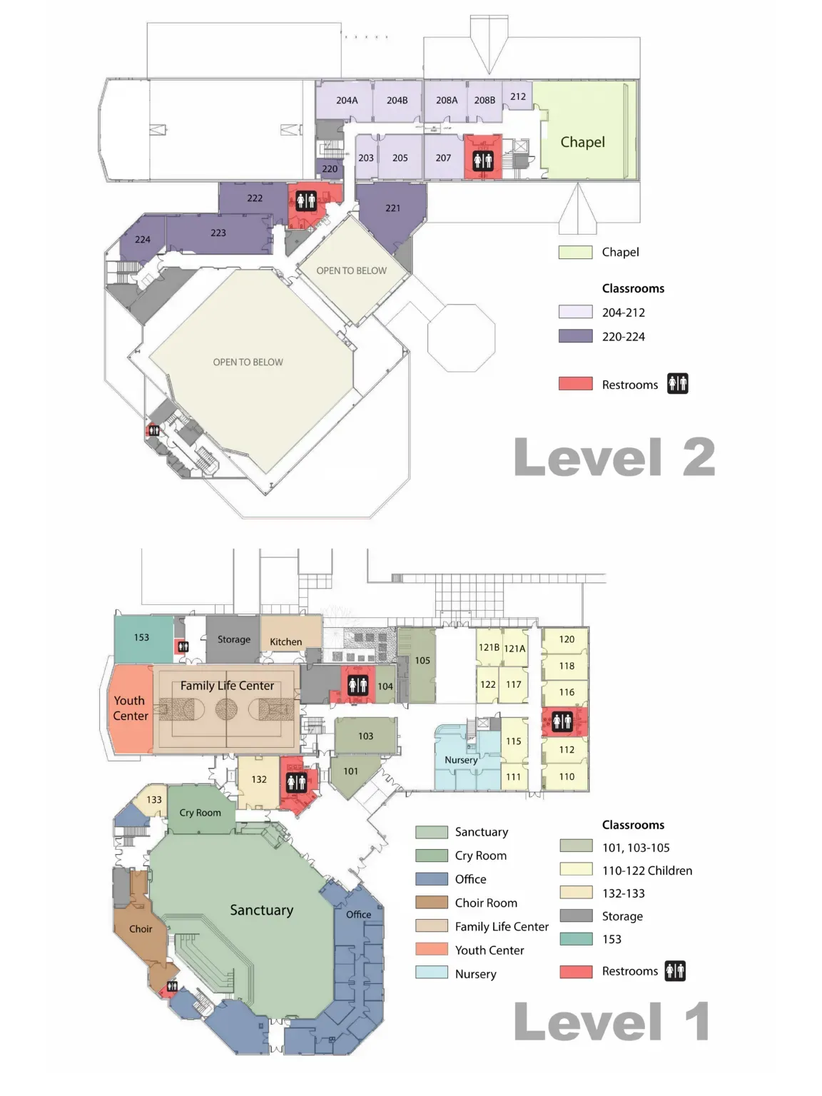 Floor plans for two building levels, featuring color-coded sections for rooms, amenities, and elevator access.