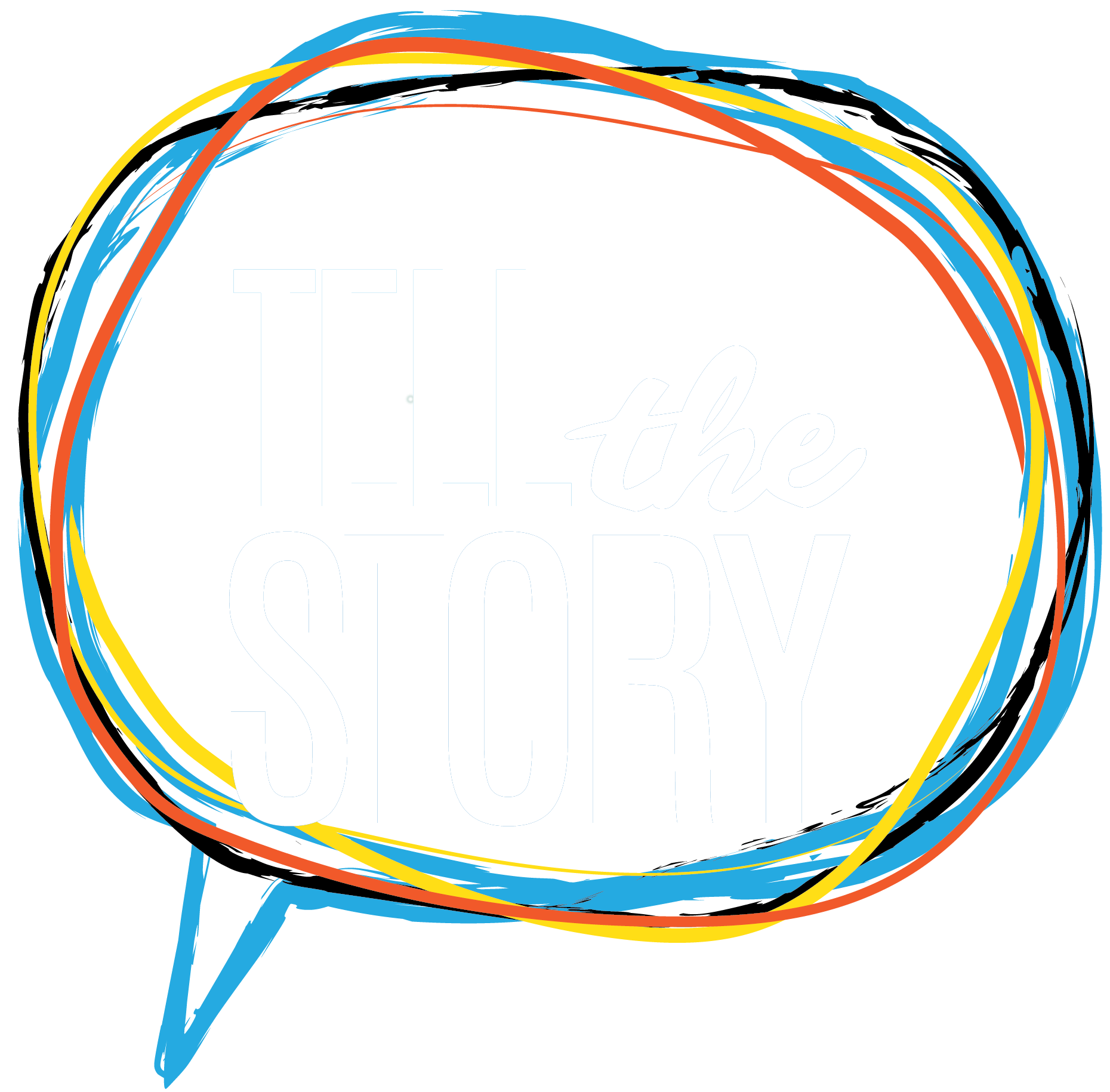 A speech bubble icon outlined in overlapping, hand-drawn strokes of blue, orange, yellow, and black.