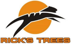 Logo for Rick's Trees featuring a leaping black animal silhouette in front of an orange circle; text