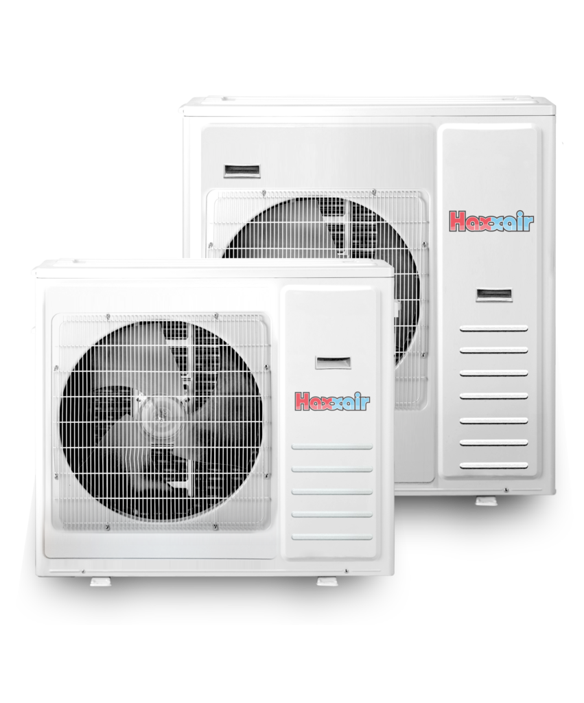 Two white outdoor air conditioning units.