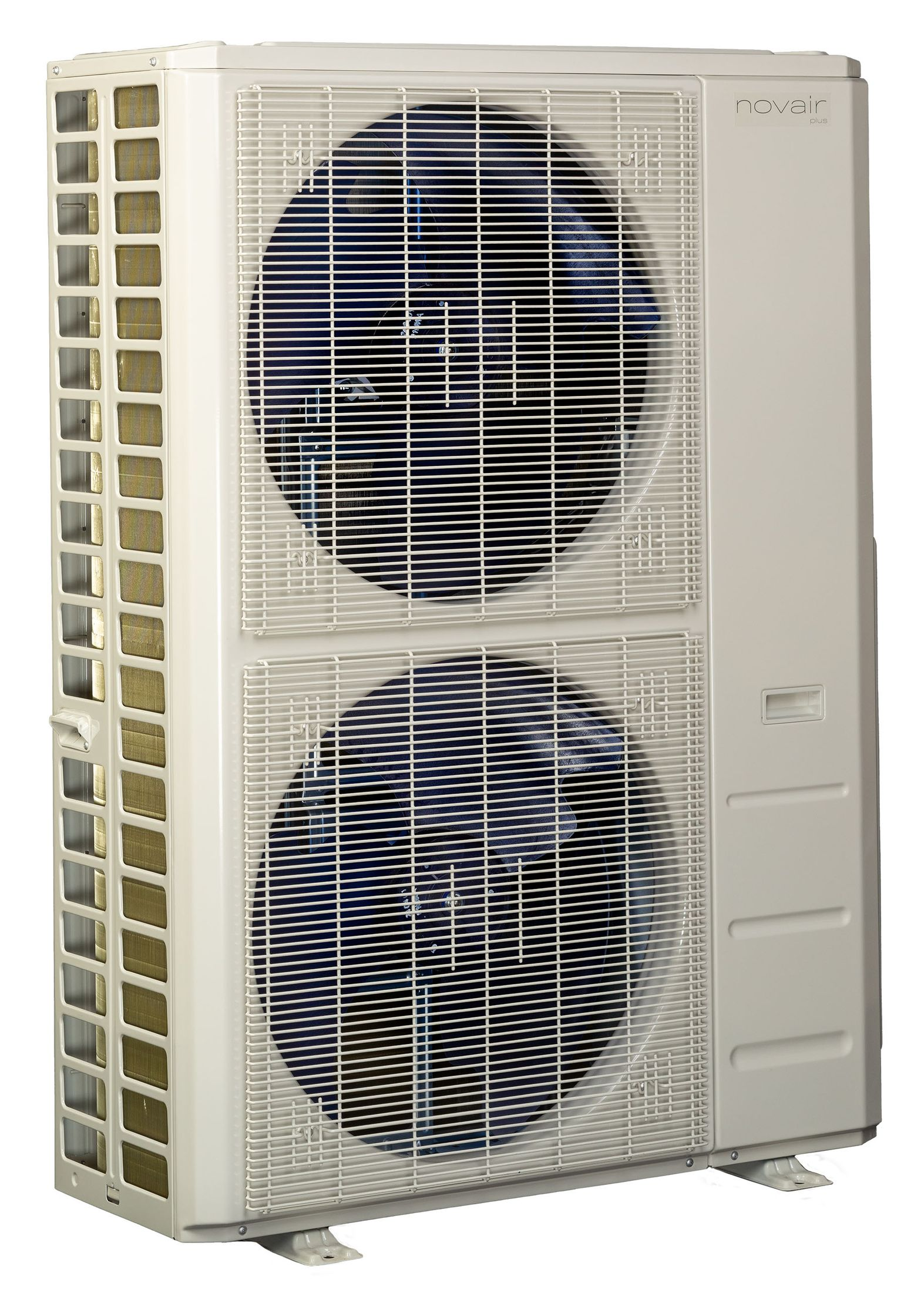 White outdoor air conditioning unit with two large fans behind protective grilles.