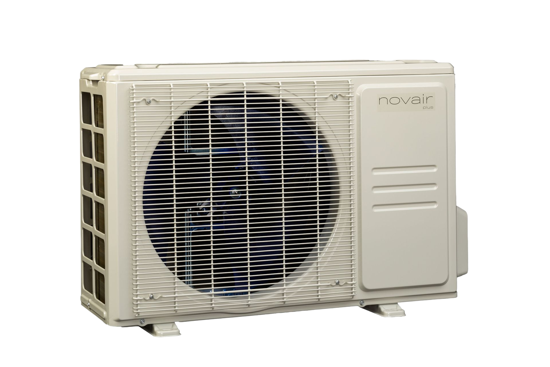 White outdoor air conditioner unit with a large front fan and side vents