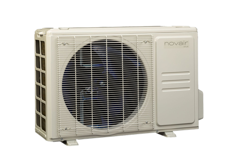 White outdoor air conditioner unit with a large front fan and side vents