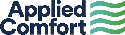 Applied Comfort logo in dark blue and green with wavy green lines on the right