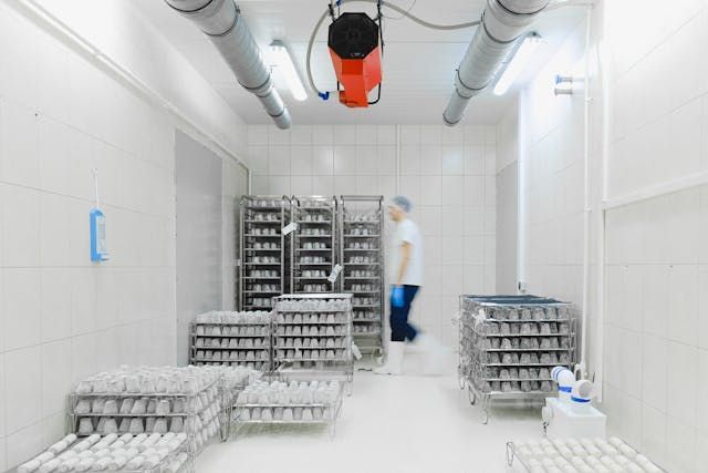 Clean, white industrial room with shelves of packaged goods, a worker in the background.