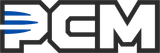 Logo of PCM, with a stylized 'P' featuring blue lines, and white letters on a gray background.