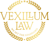 Gold Vexillum Law logo with laurel wreath and the tagline “We set the standard”