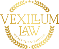 Gold Vexillum Law logo with laurel wreath and the tagline “We set the standard”