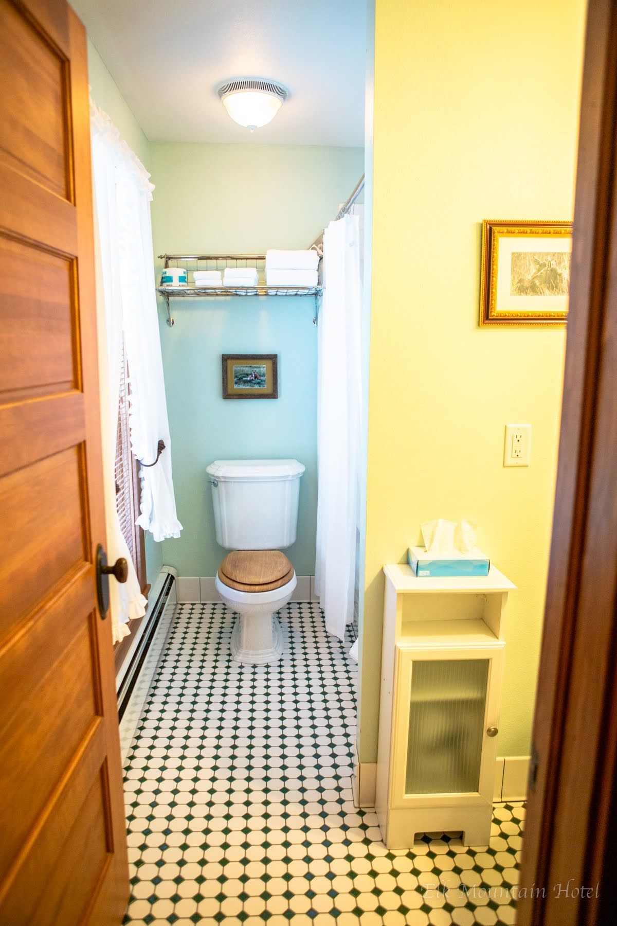 A bathroom with a toilet , sink , and shower curtain.