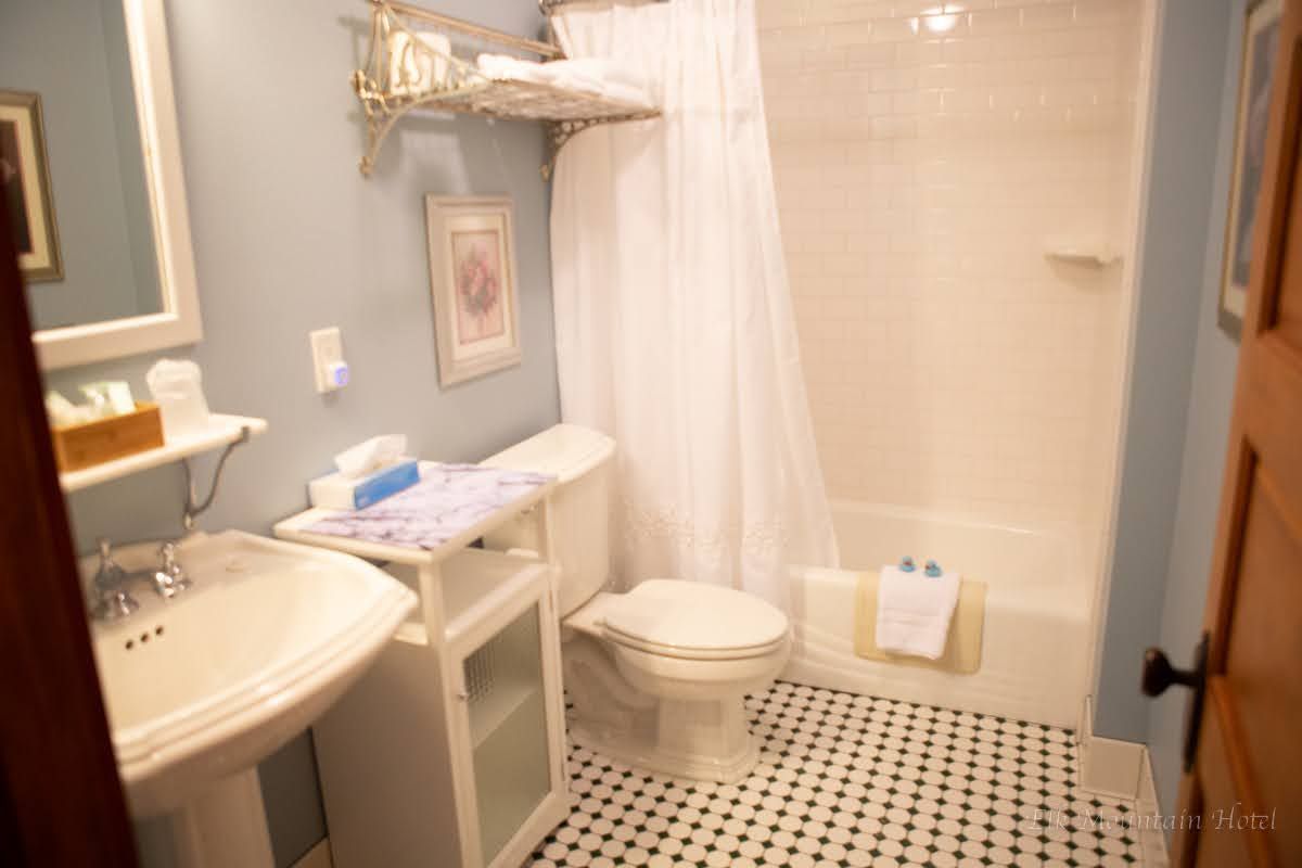 A bathroom with a toilet , sink , and shower.