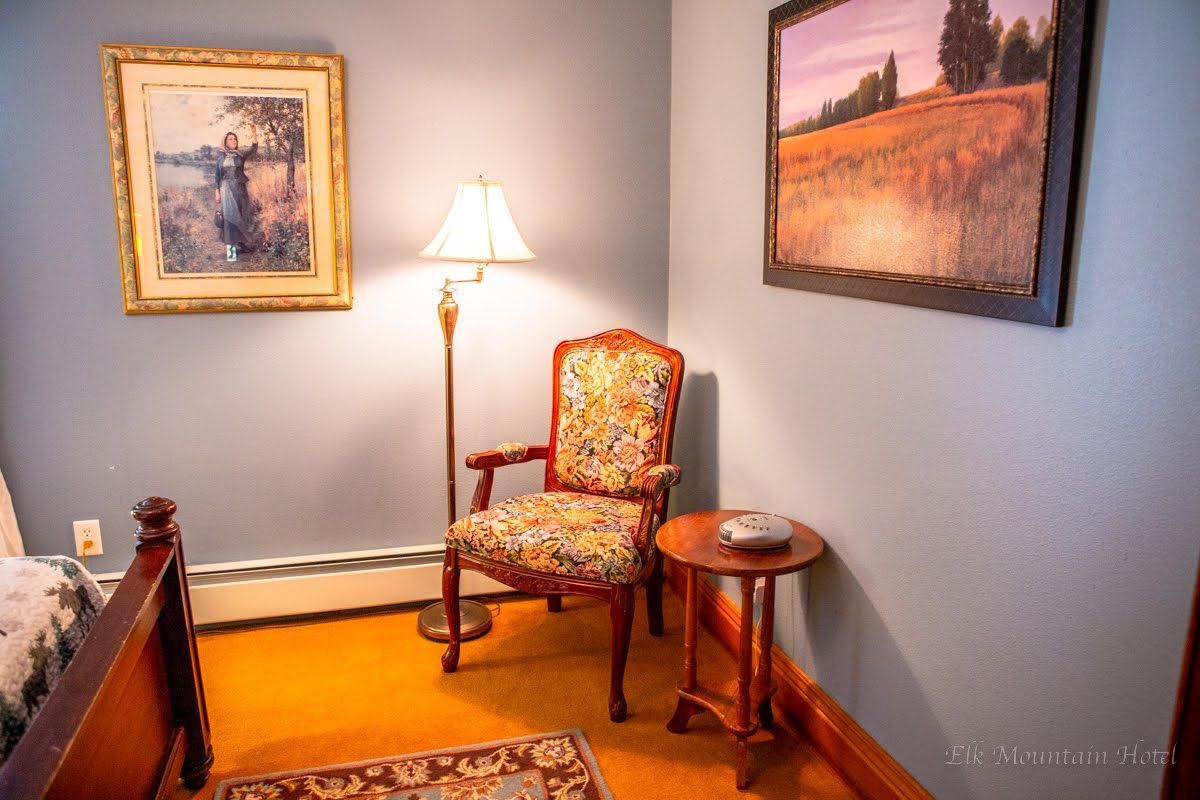 There is a chair and a lamp in the corner of the room.