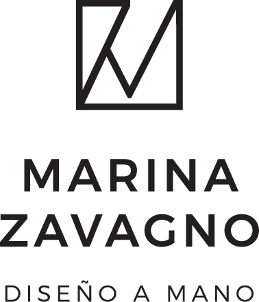 Logotipo: Monograma “MZ” dentro de un cuadrado, encima “MARINA ZAVAGNO” y “DISEÑO A MANO” en fuente sans-serif.