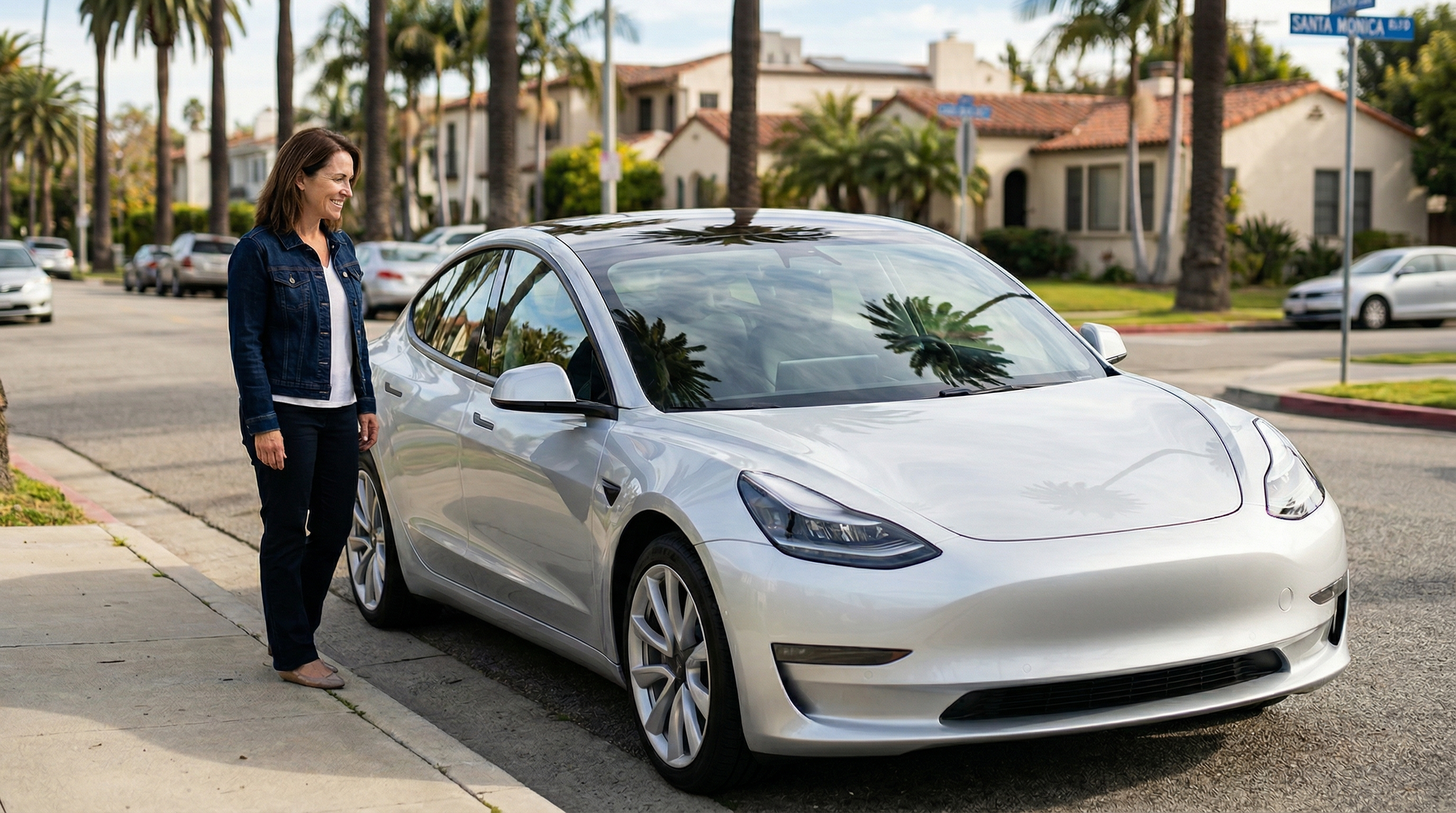 A person stands on a suburban sidewalk next to a parked silver Tesla sedan on a sunny day.