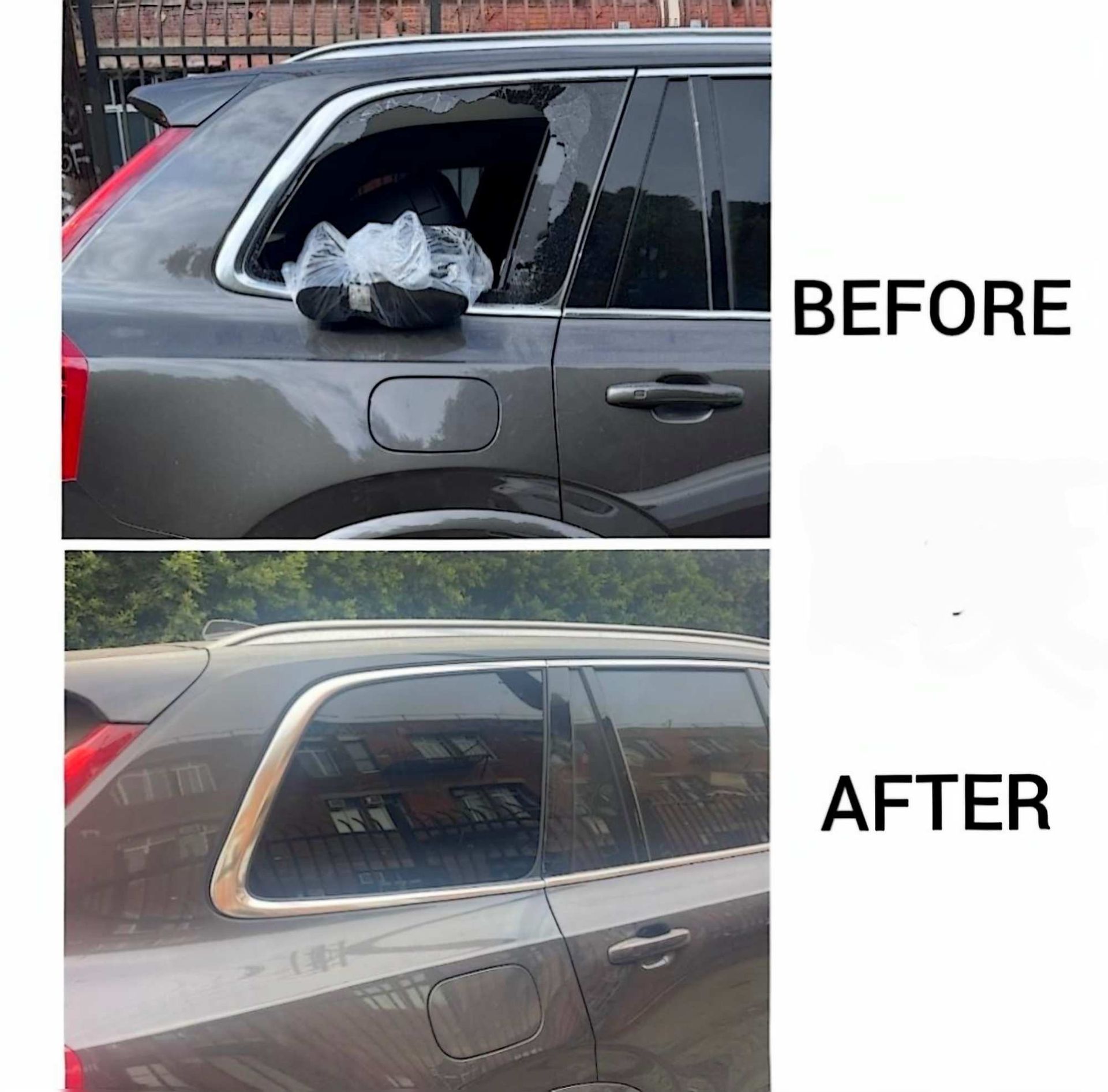 A before-and-after comparison showing a car's shattered rear window replaced with new glass.