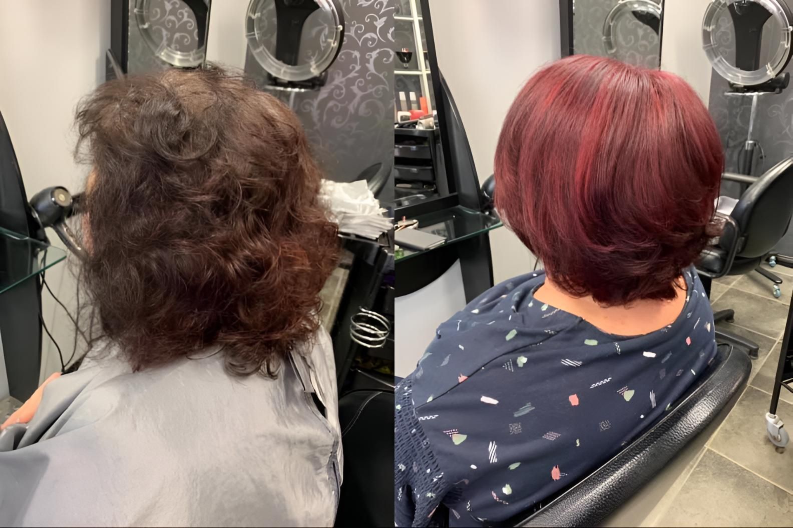 A Woman With Red Hair Is Getting Her Hair Cut In A Salon — Klic's Hair Design In Earlville, QLD