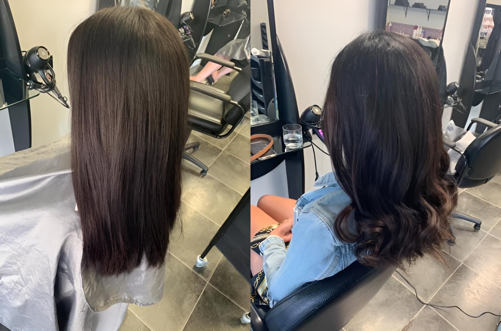 A Before And After Photo Of A Woman Getting Her Hair Cut In A Salon — Klic's Hair Design In Earlville, QLD