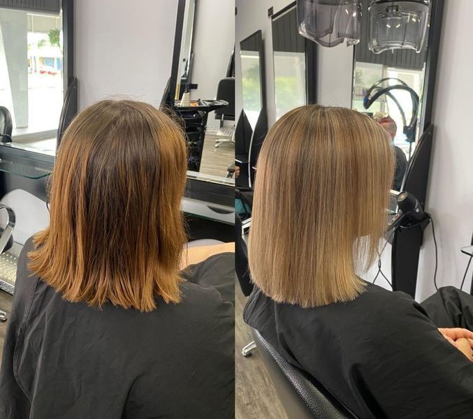 A Before And After Photo Of A Woman Getting Her Hair Cut In A Salon — Klic's Hair Design In Earlville, QLD