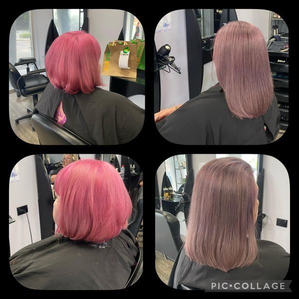 A Woman With Pink Hair Is Sitting In A Chair In A Salon — Klic's Hair Design In Earlville, QLD