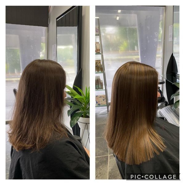 A Before And After Photo Of A Woman 's Hair In A Salon — Klic's Hair Design In Earlville, QLD