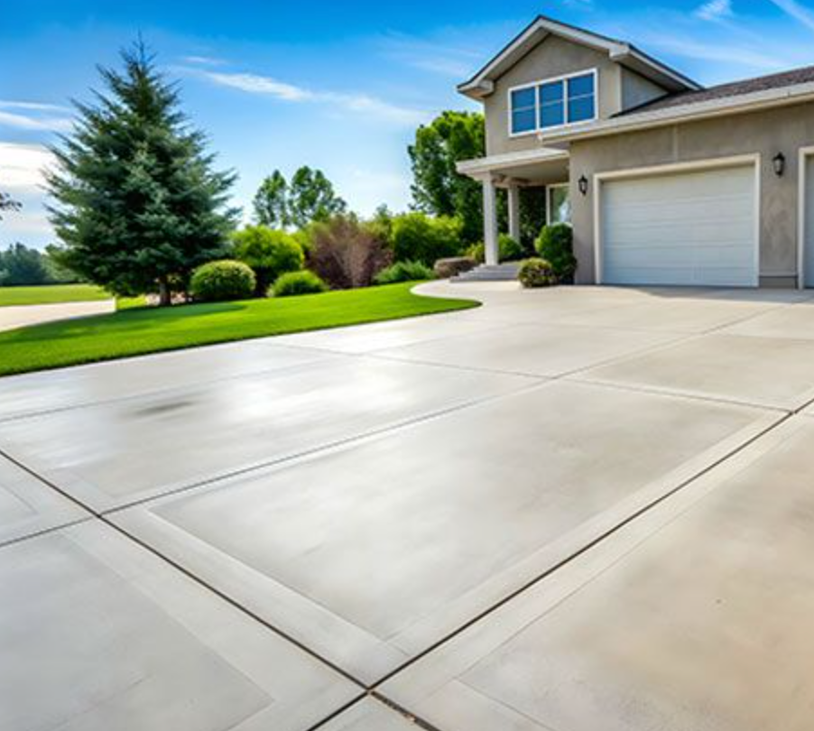 Concrete driveway leading to a two-story beige house with a garage, lush green lawn, and blue sky.