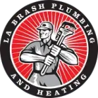 Logo for LA Brash Plumbing & Heating: a muscular plumber holding a wrench against a red burst background.