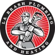 Logo for LA Brash Plumbing & Heating: a muscular plumber holding a wrench against a red burst background.