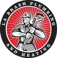 Logo for LA Brash Plumbing & Heating: a muscular plumber holding a wrench against a red burst background.