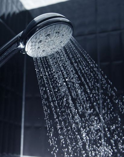 A close up of a shower head with water coming out of it