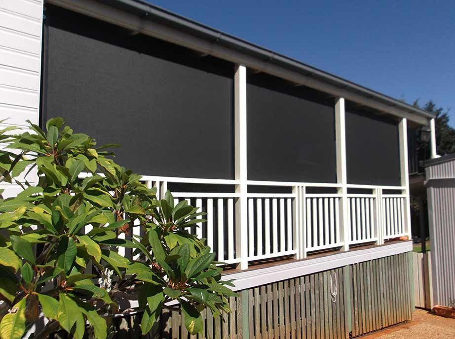 Covered Porch With Black Shades, White Railing — Toowoomba Shade & Canvas in Harristown, QLD