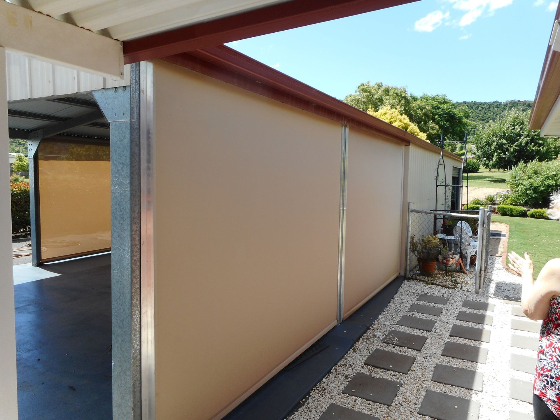 Beige Outdoor Blinds Along a Patio, Sunny Day — Toowoomba Shade & Canvas in Harristown, QLD